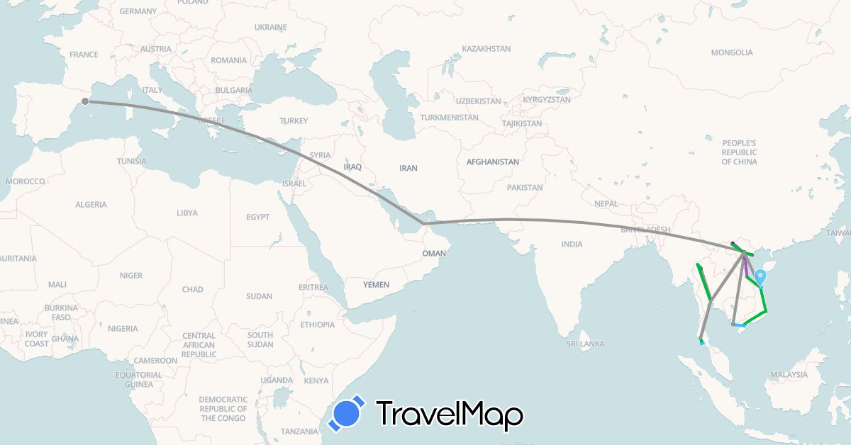 TravelMap itinerary: driving, bus, plane, train, hiking, boat, motorbike in United Arab Emirates, Spain, Thailand, Vietnam (Asia, Europe)
